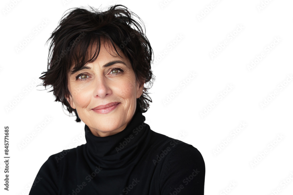 Middle-aged woman with short dark hair smiling. Middle-aged woman with short dark hair smiling.