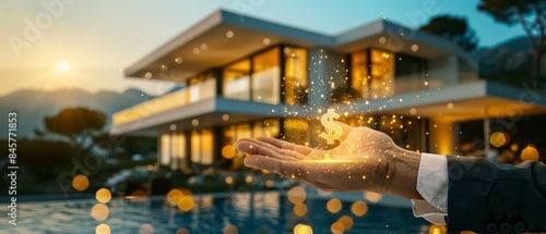 businessman's open hand with a golden money symbol floating over it and a modern luxury house in the background