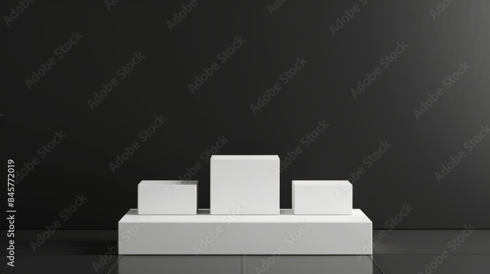 3d geometric shapes. White square podium. Product demonstration stage, pedestal, shop window with black background. 3d geometric shapes. White square podium. Product demonstration stage, pedestal, shop window with black background.