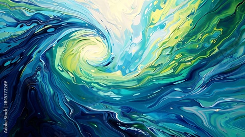 A bold, abstract acrylic painting with swirling blues and greens, evoking the ocean's depths