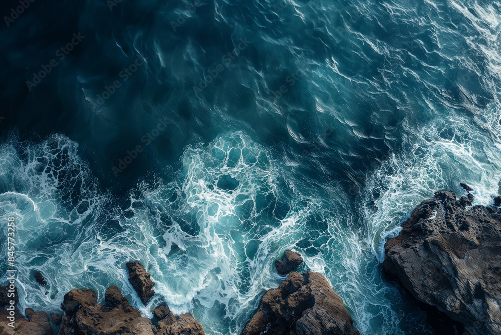 Obraz premium Drone view of rough ocean surf and waves hitting the rocky shoreline