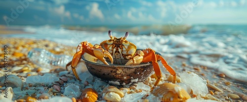 A crab at the mercy of human waste on the seashore, its natural habitat tragically littered and compromised. photo