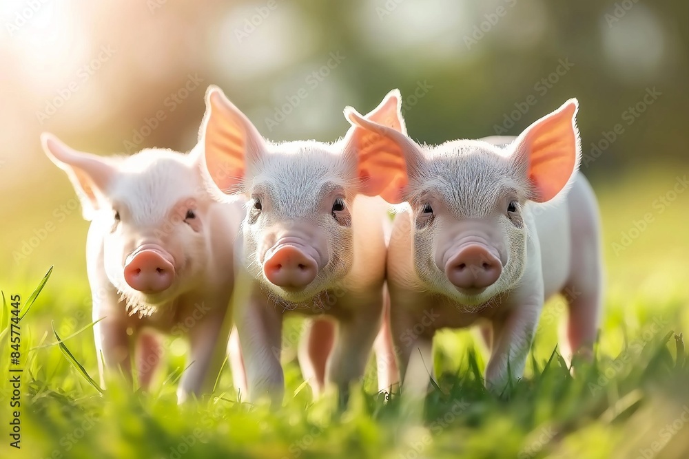 Close-up photo of cute piglets outside in a field, focusing on their expressive eyes and soft pink skin. The background is blurred to highlight the adorable young pigs. Close-up photo of cute piglets outside in a field, focusing on their expressive eyes and soft pink skin. The background is blurred to highlight the adorable young pigs.