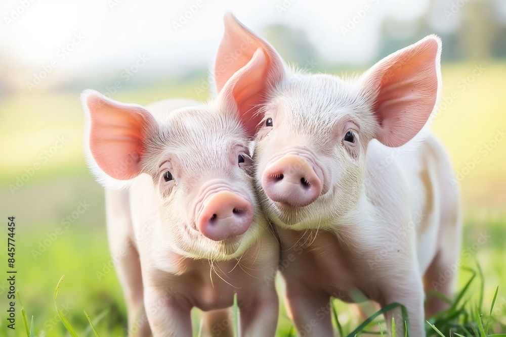 Close-up photo of cute piglets outside in a field, focusing on their expressive eyes and soft pink skin. The background is blurred to highlight the adorable young pigs. Close-up photo of cute piglets outside in a field, focusing on their expressive eyes and soft pink skin. The background is blurred to highlight the adorable young pigs.