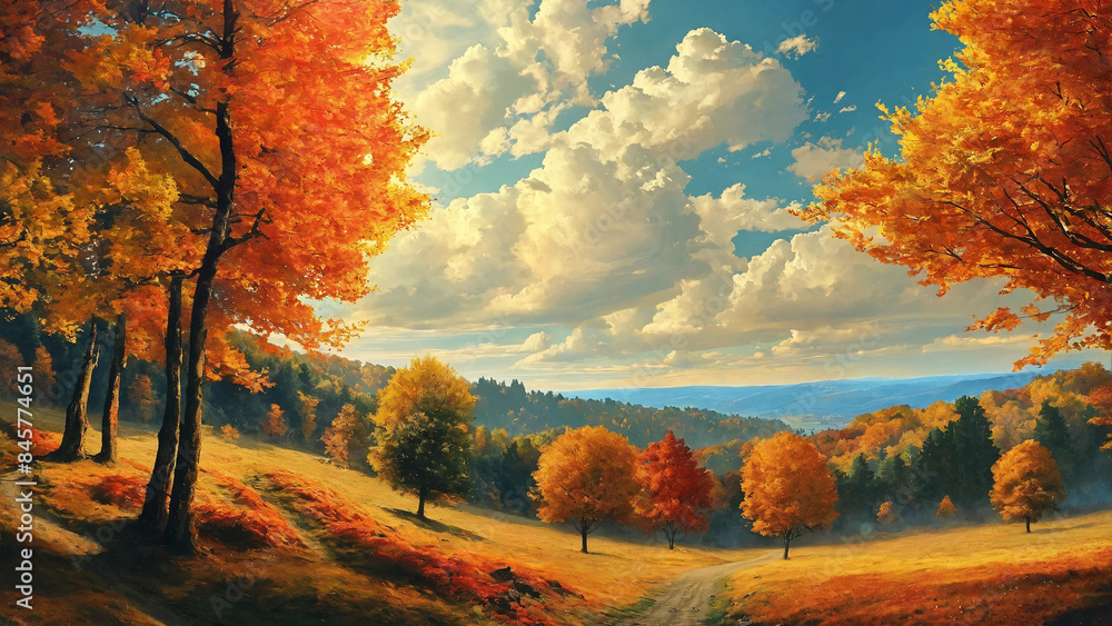 Paint of autumn landscape with trees and sky, 16:9, 300dpi, with copyspace Paint of autumn landscape with trees and sky, 16:9, 300dpi, with copyspace