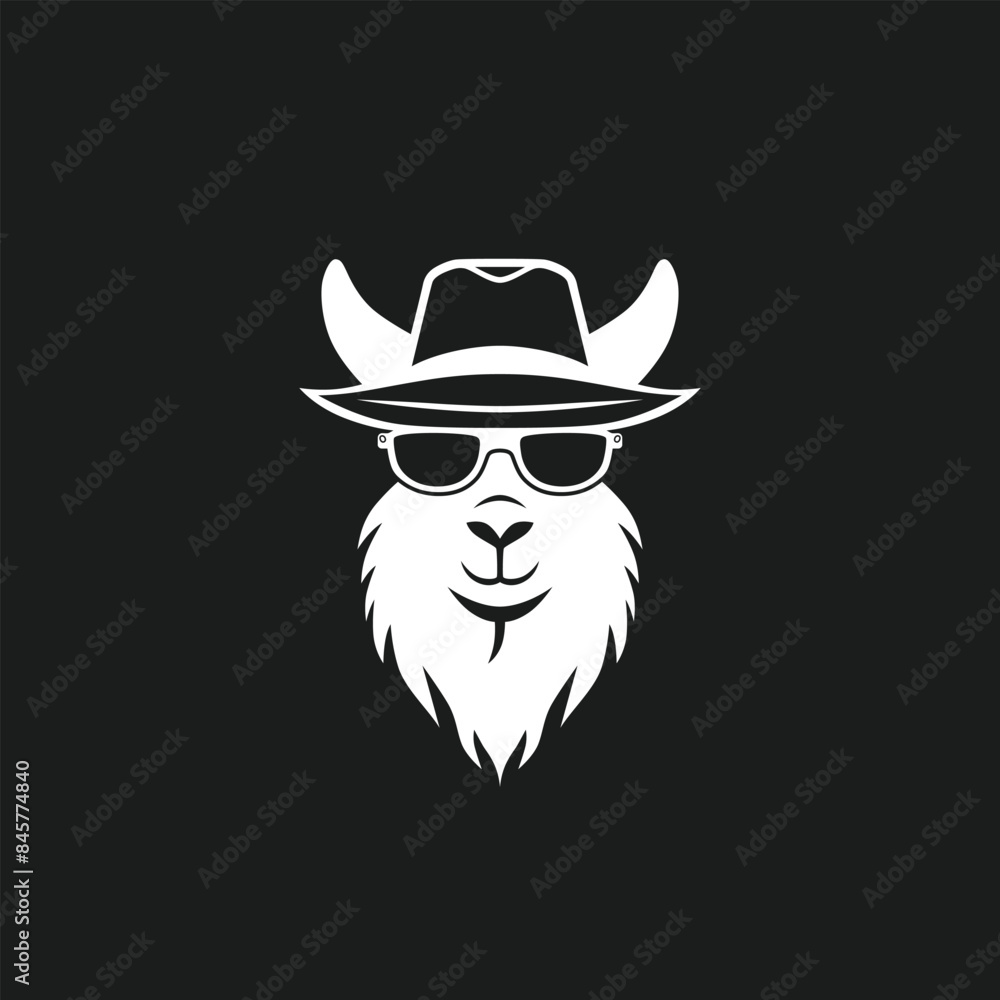 Black and white logo of a lama wearing sunglasses and a hat Black and white logo of a lama wearing sunglasses and a hat
