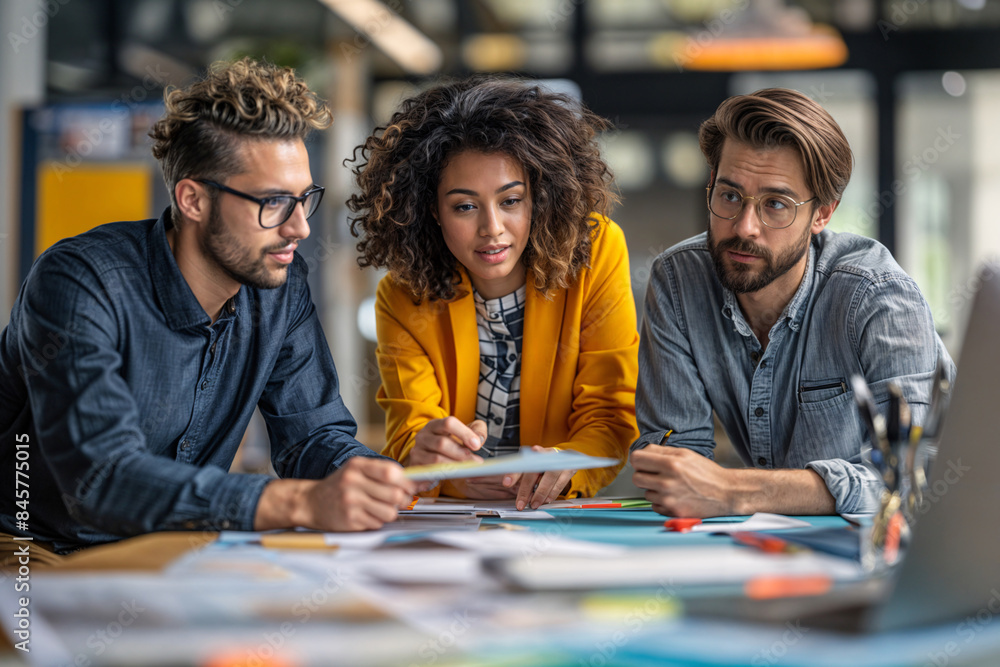 Young Multiethnic Team Collaborating in a Modern Office, Focused on Planning and Strategy, Casual Business Attire, Daytime Young Multiethnic Team Collaborating in a Modern Office, Focused on Planning and Strategy, Casual Business Attire, Daytime