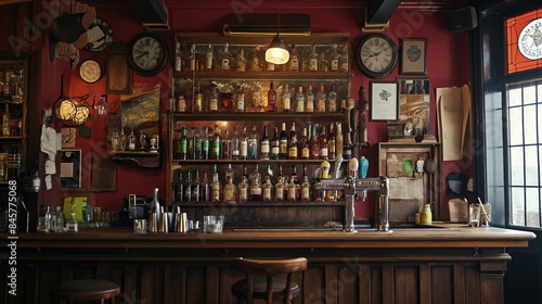 the counter bar in a cosy old english or irish pub with lots of whisky bottles in the background