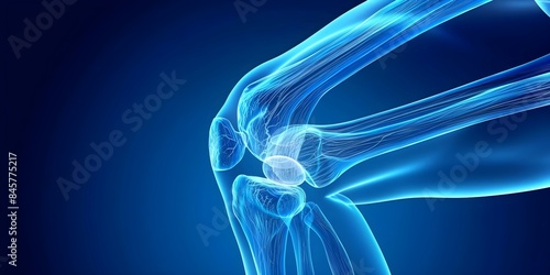 Anatomical Illustration of a Male Knee Joint in Blue. Concept Anatomy Illustration, Male Knee Joint, Blue, Medical Art