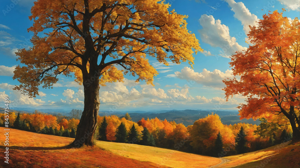 Paint of autumn landscape with trees and sky, 16:9, 300dpi, with copyspace Paint of autumn landscape with trees and sky, 16:9, 300dpi, with copyspace