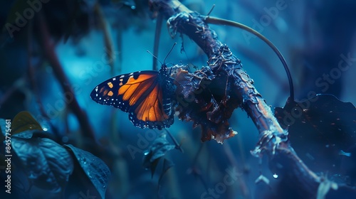 A butterfly emerging from its chrysalis symbolizing transformation and rebirth