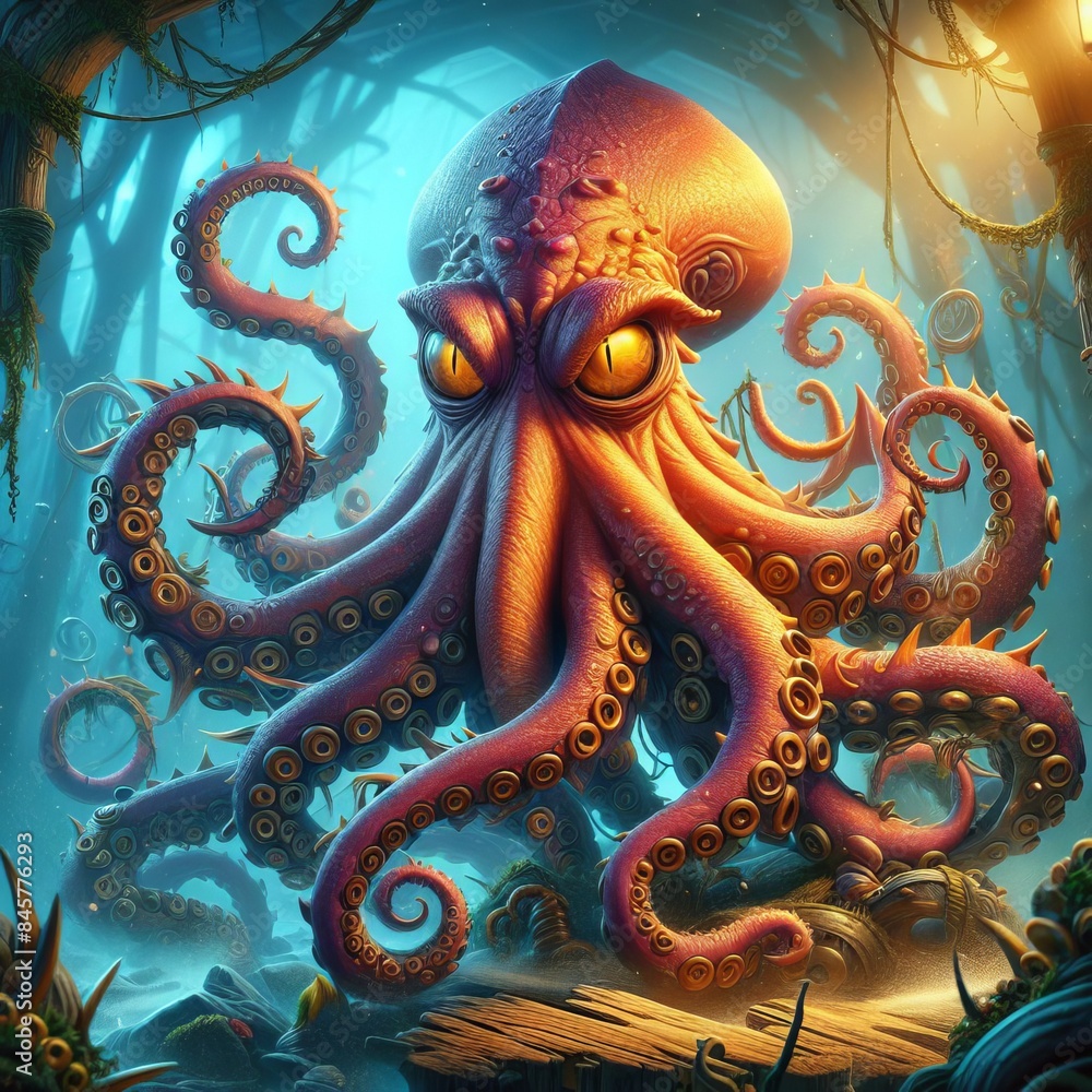Obraz premium Vibrant Octopus: A Detailed Underwater Fantasy Art of Marine Life in Warm Light