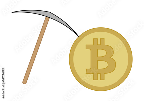 Pico picando una criptomoneda de bitcoin representando la minería de criptomonedas photo