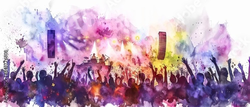 stadium rock music concert outside with fans standing looking at the stage whit hands up, hand drawn watercolor, white background © STOCKYE STUDIO
