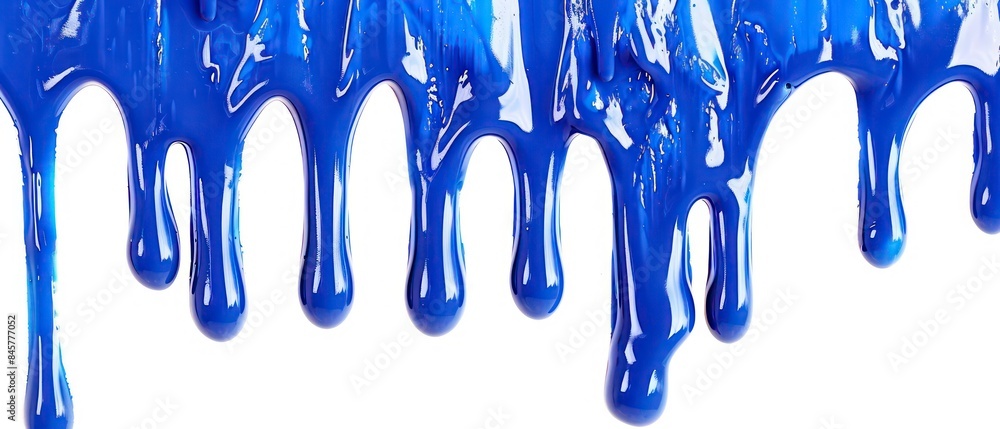 Blue paint drips down in a rhythmic dance, accentuating the purity of the white background Blue paint drips down in a rhythmic dance, accentuating the purity of the white background