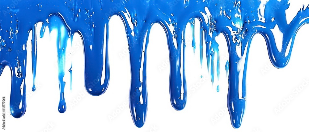 Blue paint drips down in a rhythmic dance, accentuating the purity of the white background Blue paint drips down in a rhythmic dance, accentuating the purity of the white background