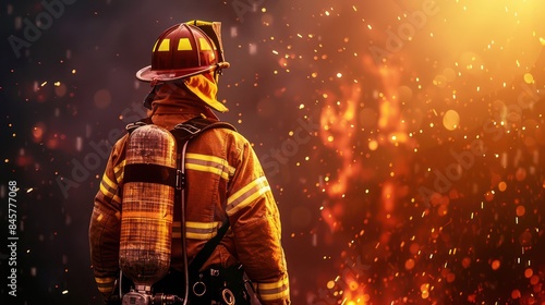 A firefighter in full gear stands with their back to the camera, looking towards a fierce and fiery blaze