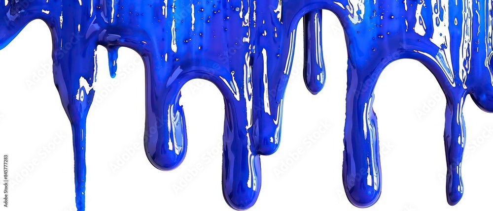 Blue paint drips down in a rhythmic dance, accentuating the purity of the white background Blue paint drips down in a rhythmic dance, accentuating the purity of the white background
