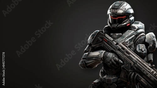 A detailed image of a futuristic soldier clad in advanced armor, holding a high-tech rifle against a dark background
