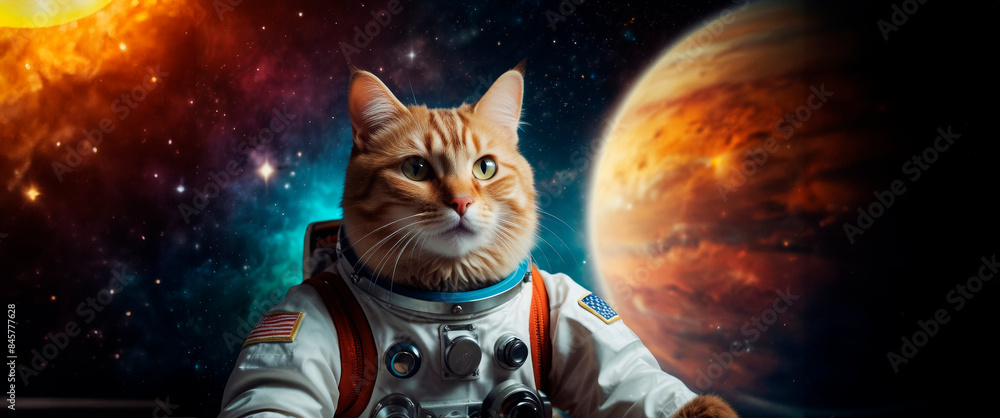 Fototapeta Cat in a spacesuit Colorful space galaxy cloud nebula, cosmos background wallpaper