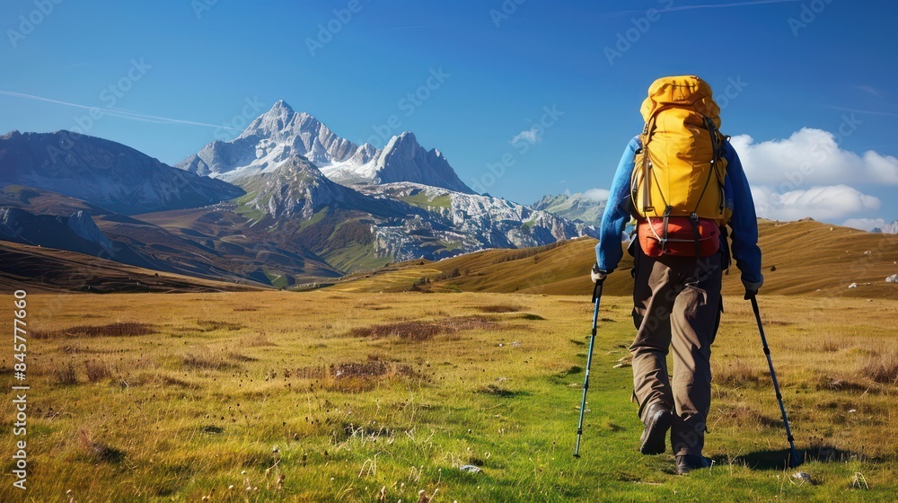 A lone hiker with a large backpack gazes at stunning mountain peaks while trekking through a lush valley A lone hiker with a large backpack gazes at stunning mountain peaks while trekking through a lush valley
