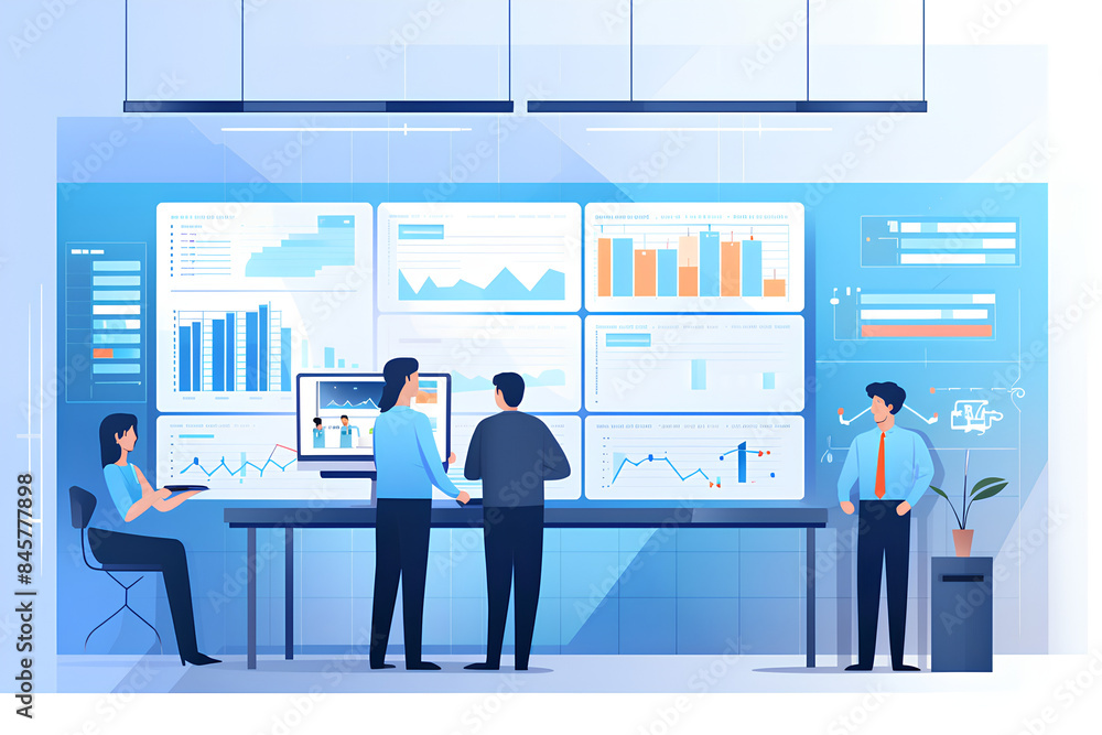 Data analysis, team management, teamwork, investment project data management, financial reporting, etc. Distance from business team members standing in front of computers monitoring and analysing data Data analysis, team management, teamwork, investment project data management, financial reporting, etc. Distance from business team members standing in front of computers monitoring and analysing data