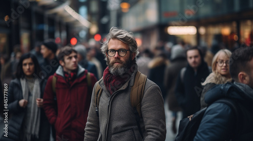 A Man Walking in the busy crowded street city