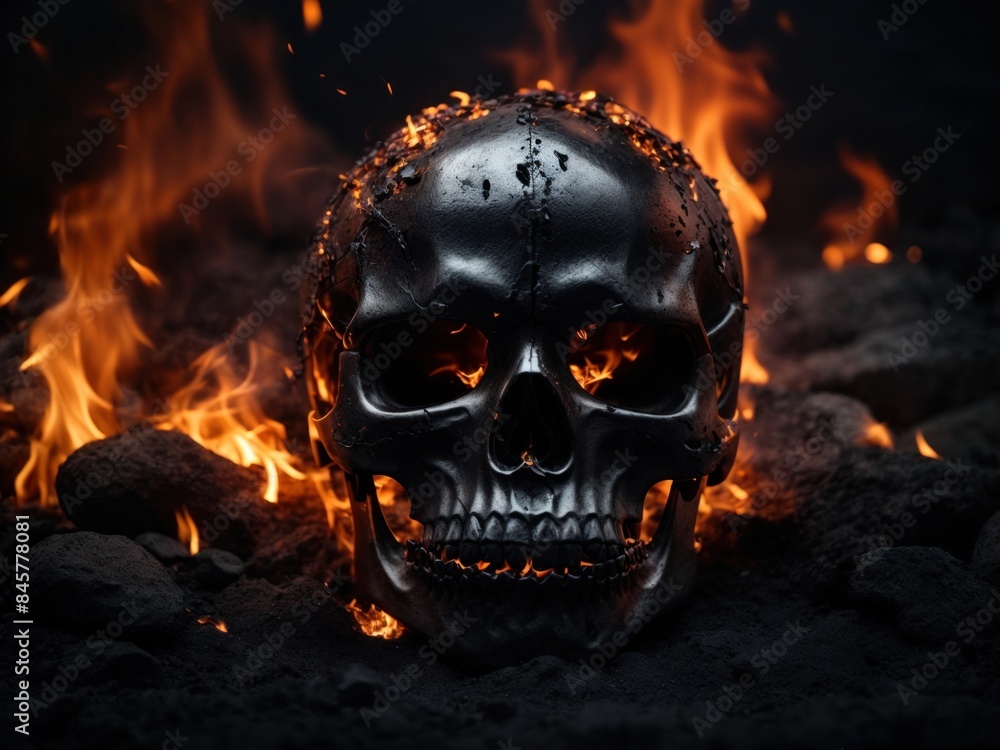 Black skull flames and embers 3D Illustration