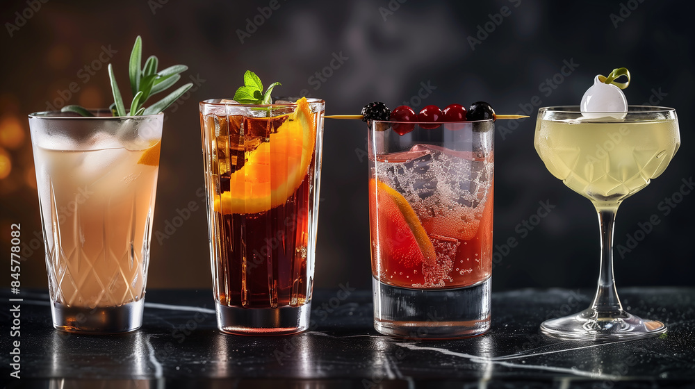 A row of few drinks on the stone counter A row of few drinks on the stone counter