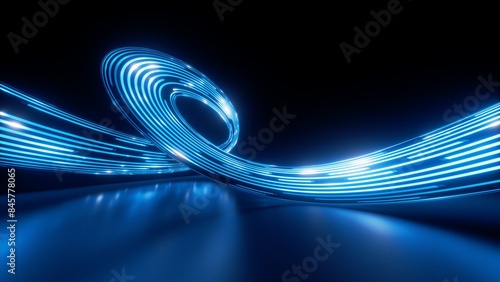 Wallpaper Mural 3d render. Abstract panoramic background of twisted dynamic blue neon lines glowing in the dark room with floor reflection. Virtual fluorescent ribbon loop. Fantastic minimalist wallpaper Torontodigital.ca