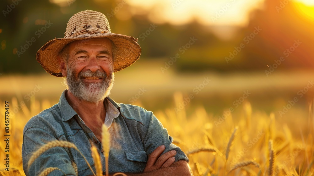 Fototapeta premium Portrait of a happy farmer male in his field, agricultural worker on the background