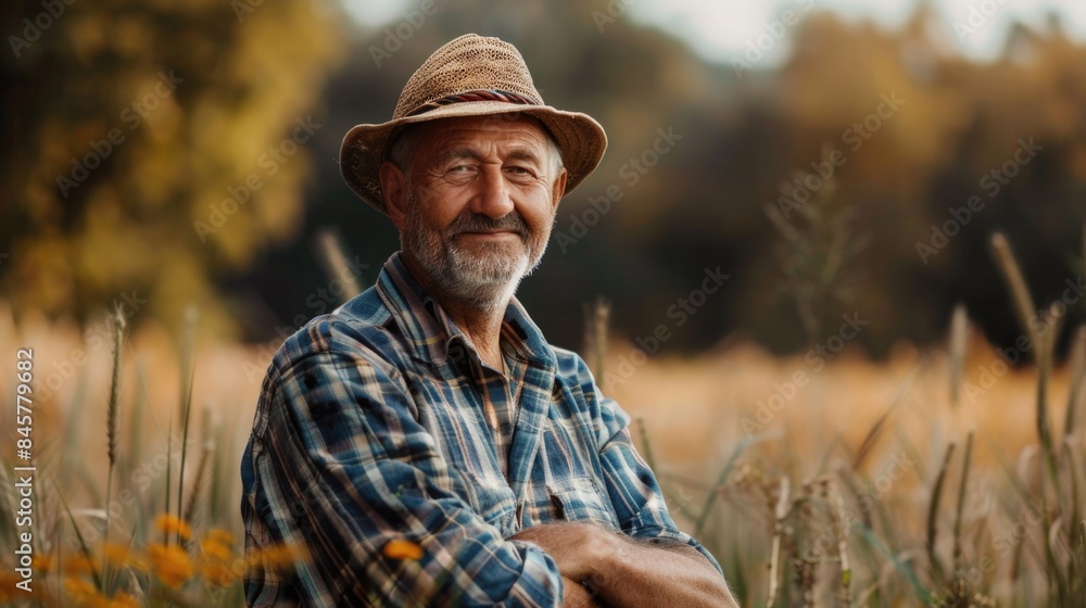 Portrait of a happy farmer male in his field, agricultural worker on the background Portrait of a happy farmer male in his field, agricultural worker on the background