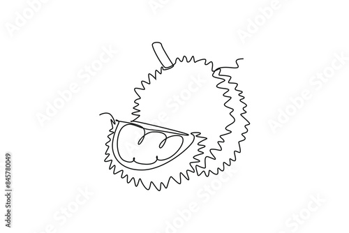 Single one line drawing whole and segment sliced healthy organic durian for orchard logo identity. Fresh tropical fruit concept for garden icon. Continuous line draw design graphic vector illustration