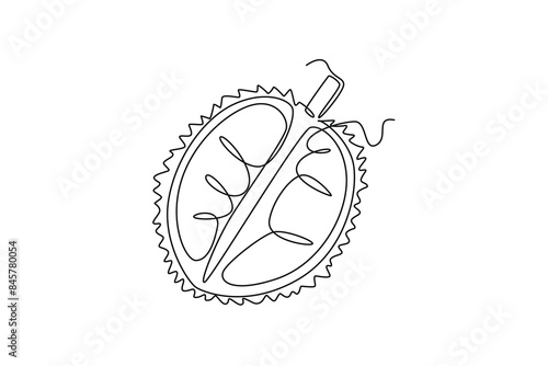 Single continuous line drawing of half sliced healthy organic durian for orchard logo identity. Fresh spiky fruitage concept for fruit garden icon. Dynamic one line graphic design vector illustration