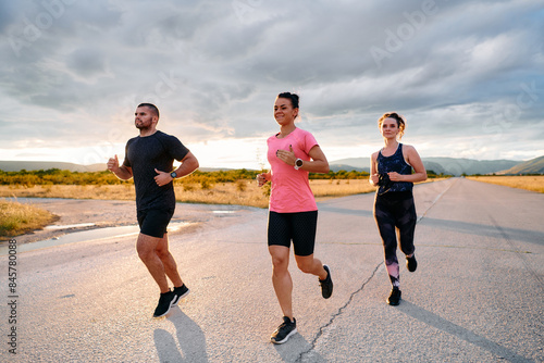 Athlete Leading Group Run at Sunset Amidst Stunning Nature © .shock