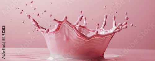 Pink milk splash forming a crown shape with droplets against a pastel background