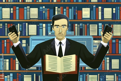 An illustration of a teacher presenting an online lecture while standing in front of a large bookshelf filled with books