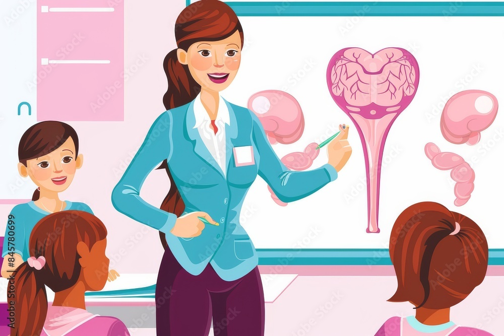 A female teacher in a blue blazer and purple pants stands at a