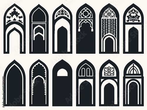Set of pattern islamic ornamental window or door. Arabic traditional architecture. Template for design illustration shape silhouette