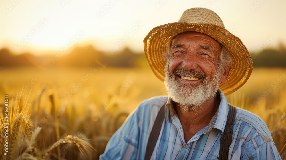Fototapeta premium Portrait of a happy farmer male in his field, agricultural worker on the background