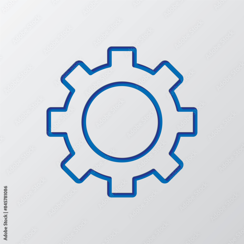 Gear simple icon vector. Flat design. Paper cut design. Cutted blue symbol with shadow. Gray background Gear simple icon vector. Flat design. Paper cut design. Cutted blue symbol with shadow. Gray background