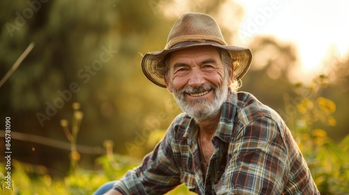 Portrait of a happy farmer male in his field, agricultural worker on the background