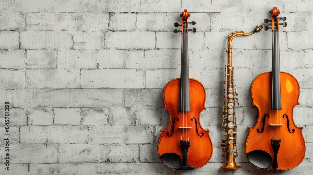 Fototapeta premium Two classical violins and a saxophone leaning against an old brick wall, depicting a blend of classical and jazz musical themes