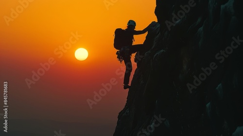 Silhouetted climber scaling mountain at sunset, embodying human spirit in nature s vastness photo