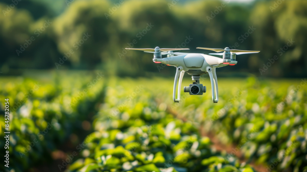 A white drone is flying over a field of green plants A white drone is flying over a field of green plants
