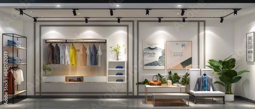 big poster commands attention within the white interior of the clothing shop, accentuating its sophisticated and stylish atmosphere