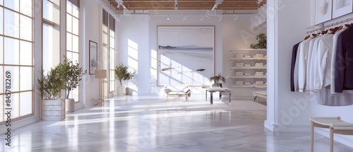 big poster commands attention within the white interior of the clothing shop, accentuating its sophisticated and stylish atmosphere