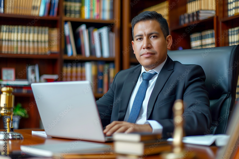 Hispanic male lawyer sitting in law office with laptop looking at camera Hispanic male lawyer sitting in law office with laptop looking at camera