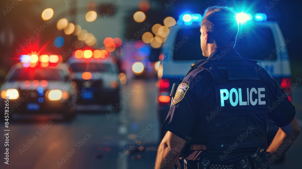 custom made wallpaper toronto digitalA police officer with back to the camera stands alert in the street, with patrol cars and their flashing lights in the background