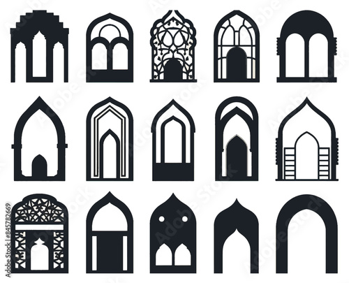 Set of pattern islamic ornamental window or door. Arabic traditional architecture. Template for design illustration shape silhouette